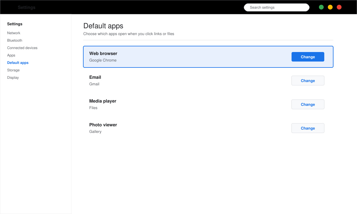 Apps section inside Chromebook Settings with default apps highlighted
