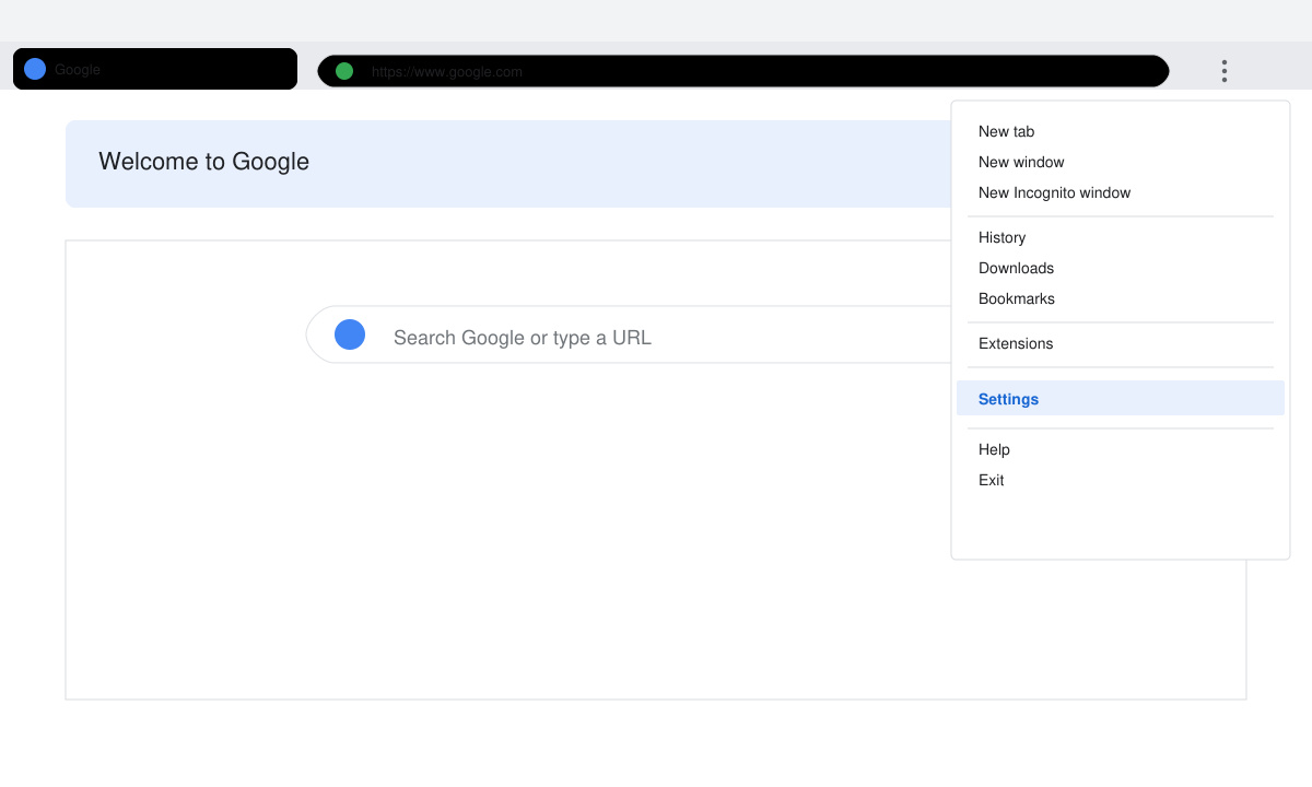 Screenshot of Chrome three-dot menu expanded with Settings option highlighted