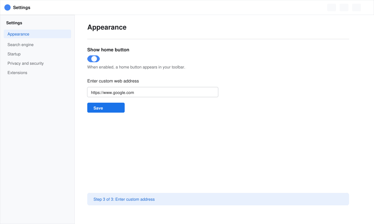 Close-up of Appearance settings showing the custom web address field filled with google.com