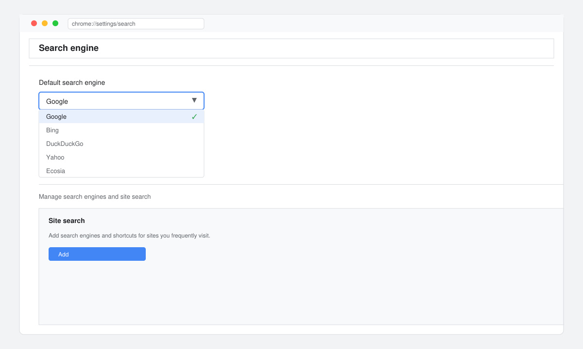 Chrome settings screen with the search engine dropdown open and Google selected