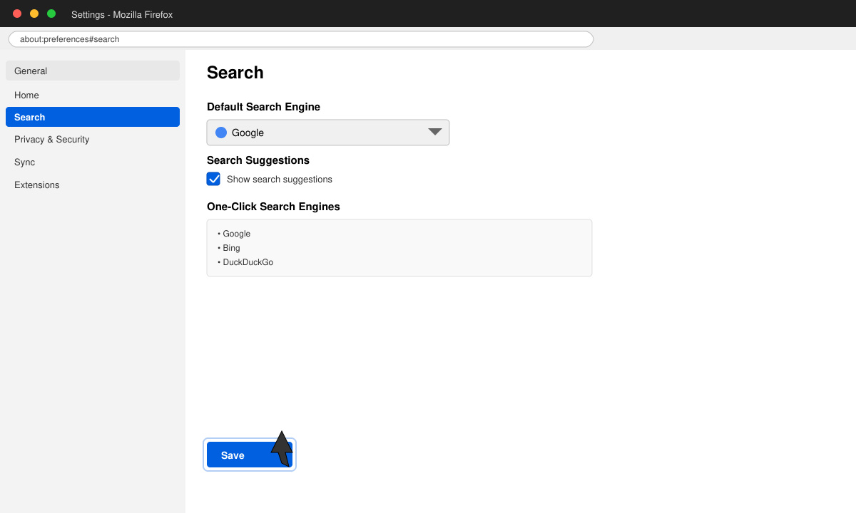Firefox search settings page showing the default search engine dropdown with Google highlighted