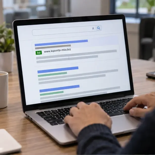 Laptop showing a generic search page with a sponsored result and an unfamiliar advertiser domain