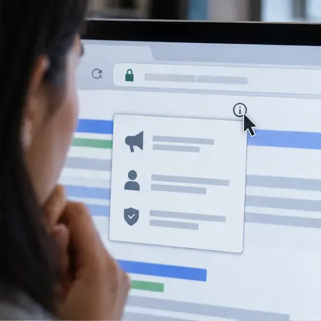 Person examining a generic ad information panel and browser address bar before clicking