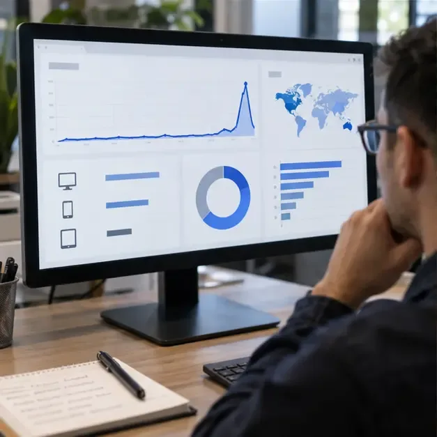 Generic advertising analytics dashboard showing an abrupt traffic spike and device and geographic breakdowns