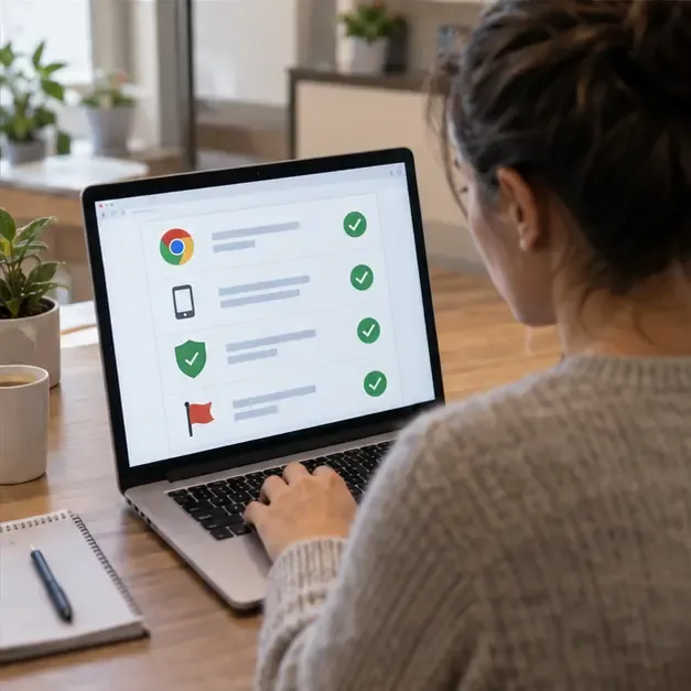 Small business owner reviewing a generic online advertising safety checklist with security and reporting icons