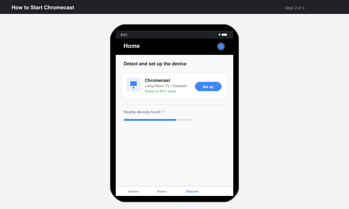 Google Home app screen showing Chromecast setup and Wi-Fi selection