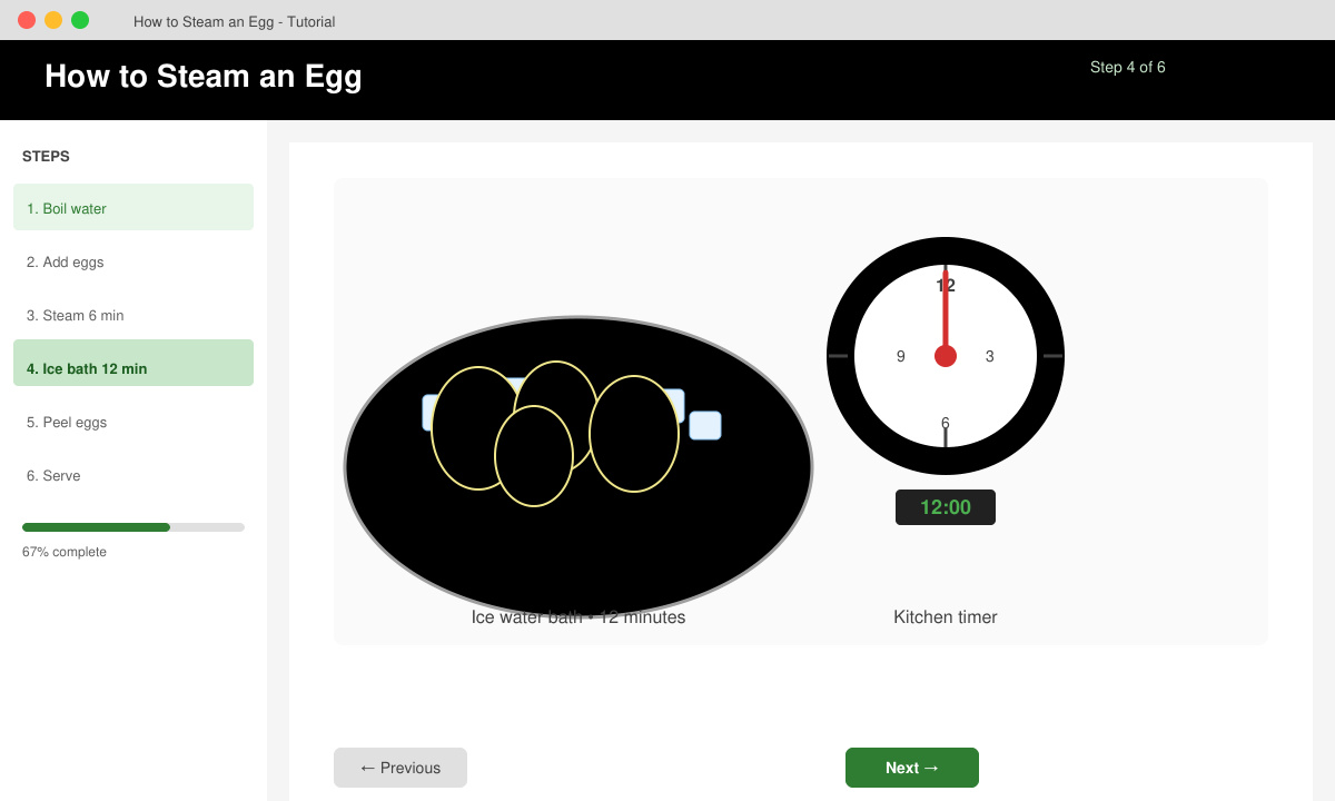 Steamed eggs resting in a bowl of ice water next to a kitchen timer showing twelve minutes