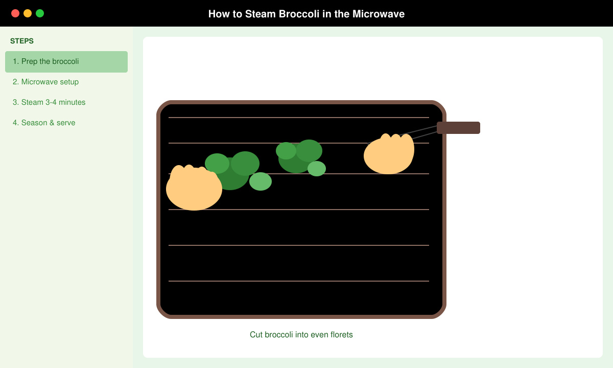 Hands cutting broccoli florets on a wooden cutting board with a sharp knife
