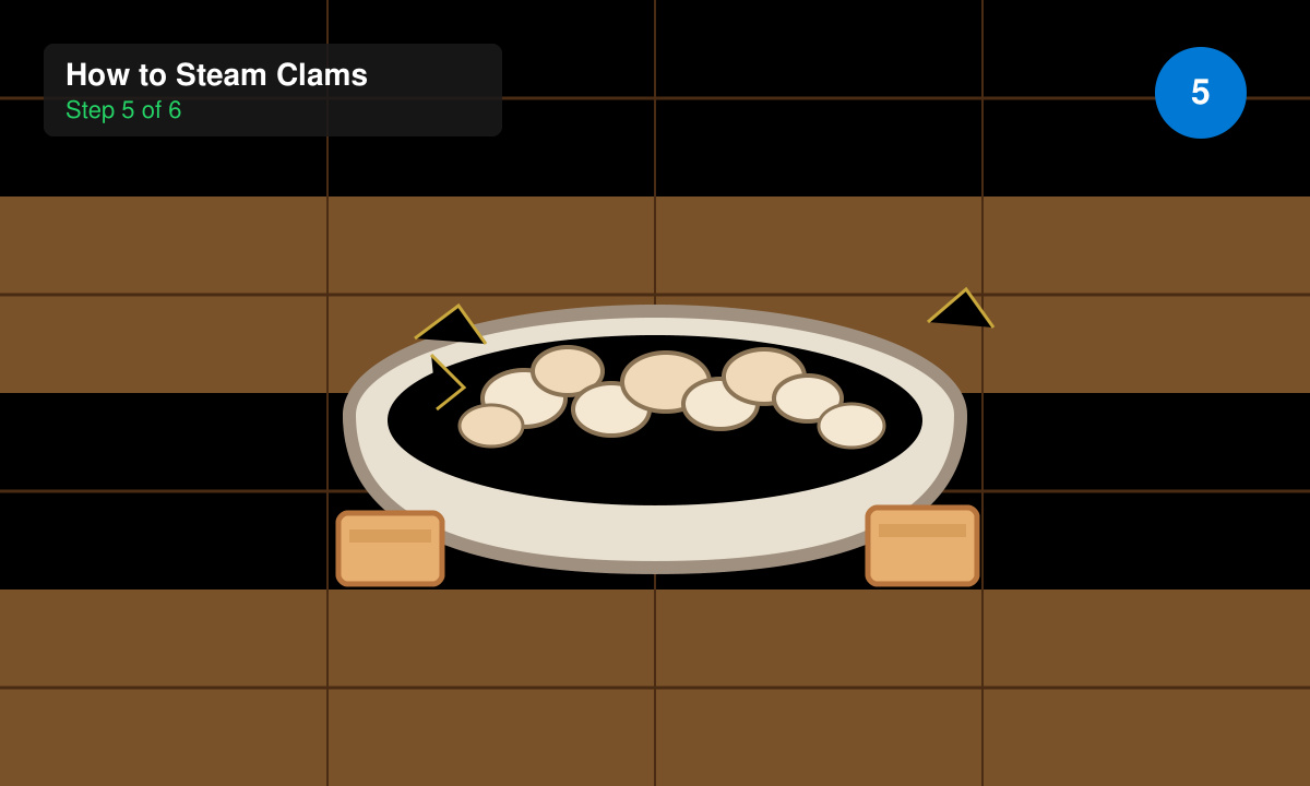 Bowl of steamed clams in garlic broth with lemon wedges and bread slices on a wooden table