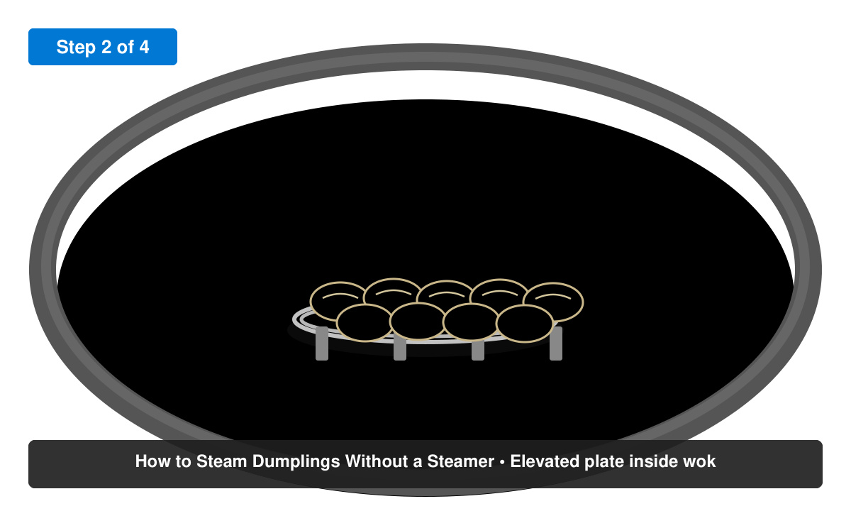 Close-up of dumplings arranged on a plate inside a wok for steaming without a steamer