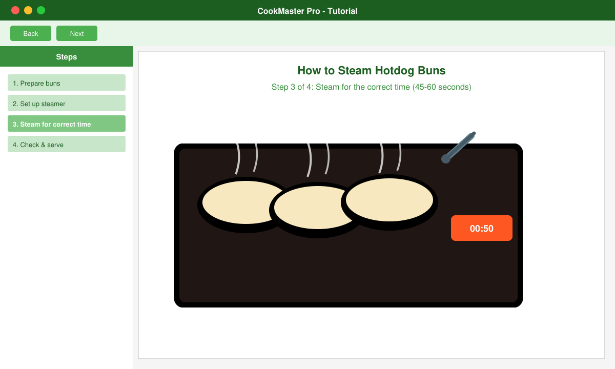 Perfectly steamed hotdog buns being removed from steamer basket