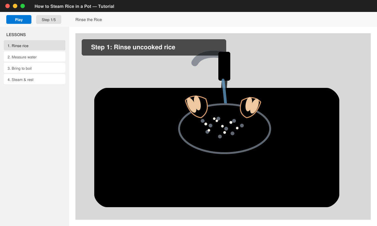 Rinsing rice under faucet before steaming rice in a pot