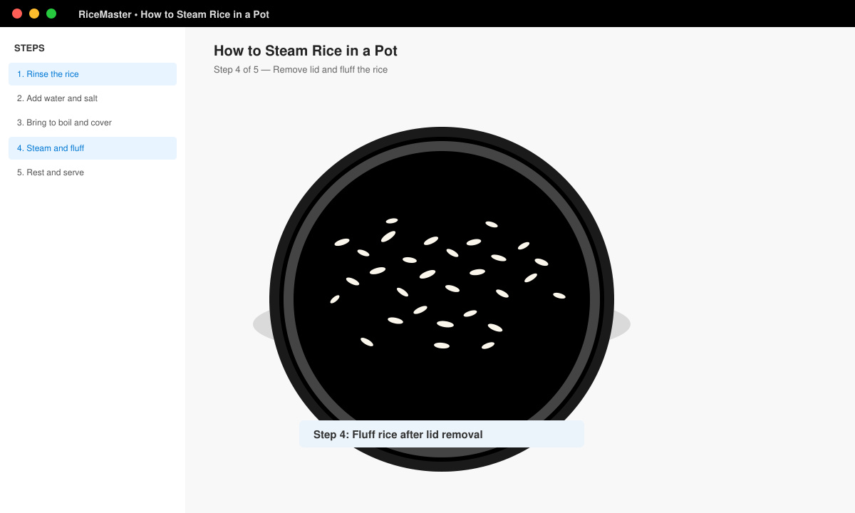 Lifted lid revealing perfectly steamed rice in pot