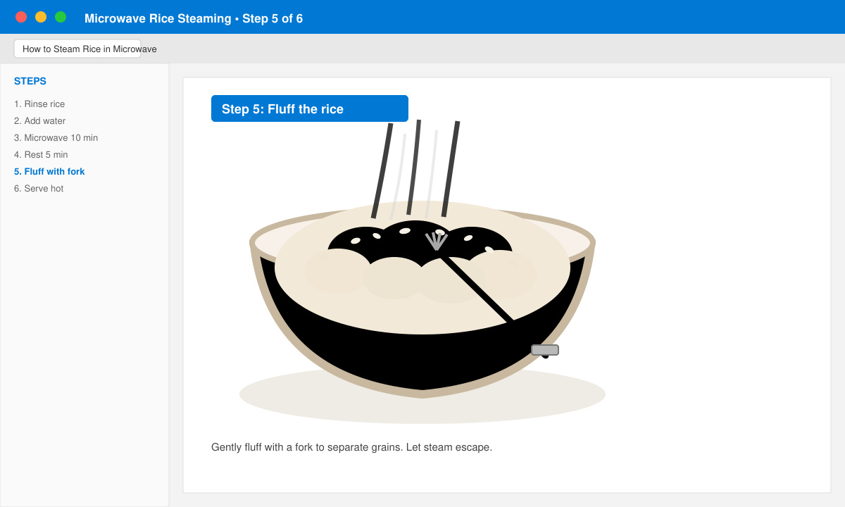 Fluffed white rice in a bowl after microwaving with steam rising and a fork inserted