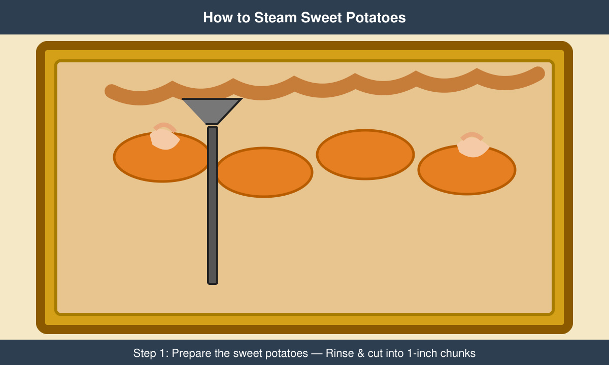 Hands cutting a washed sweet potato into uniform chunks on a wooden cutting board