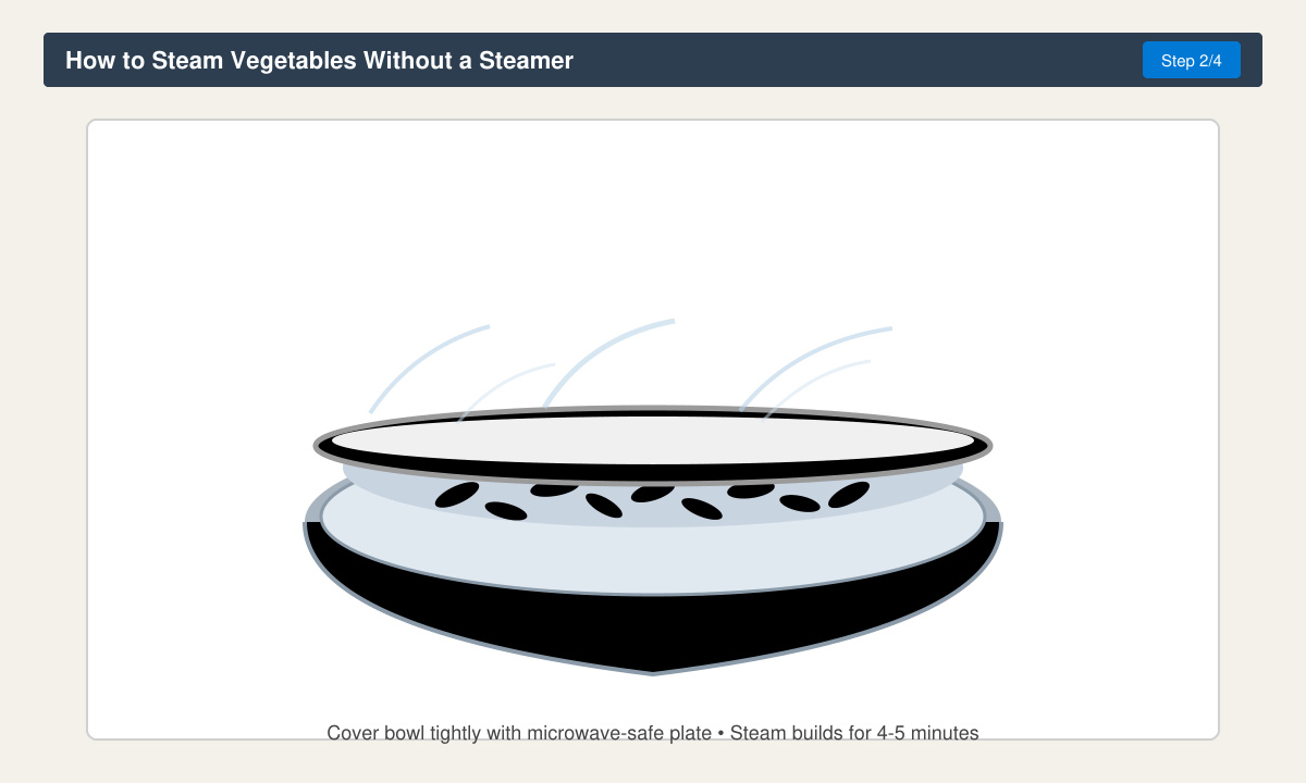 Microwave-safe bowl filled with green beans covered by a plate, steam visible after cooking