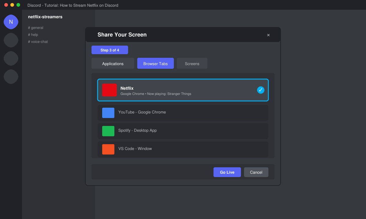 Screen share selection window in Discord with the Netflix browser tab chosen