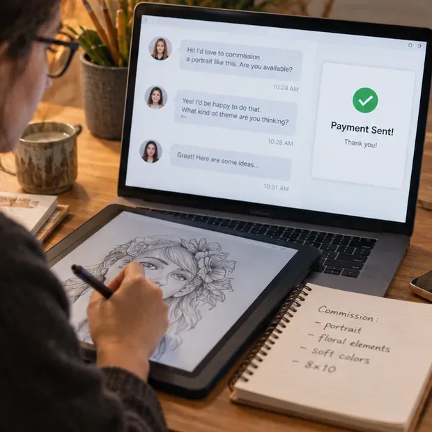 An illustrator drawing a custom portrait at a desk while a laptop shows a commission conversation and payment confirmation.