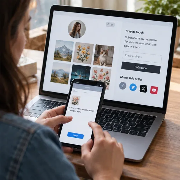 A supporter using a phone and laptop to subscribe to an artist newsletter and share the artist's work with another person.