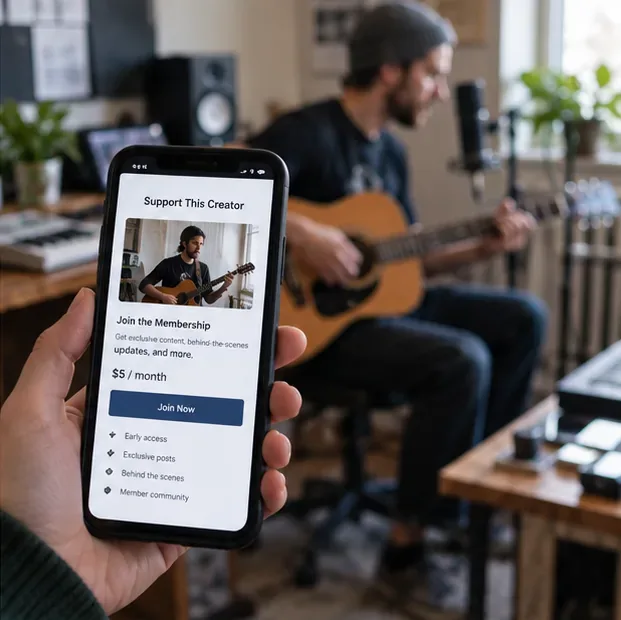 A supporter holding a phone with a generic creator membership page while an independent musician plays guitar in a home studio.