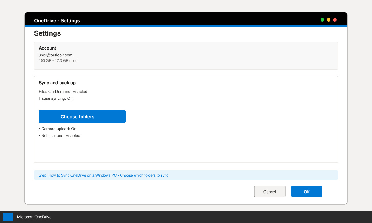 Close-up of the OneDrive settings window with the Choose folders button highlighted