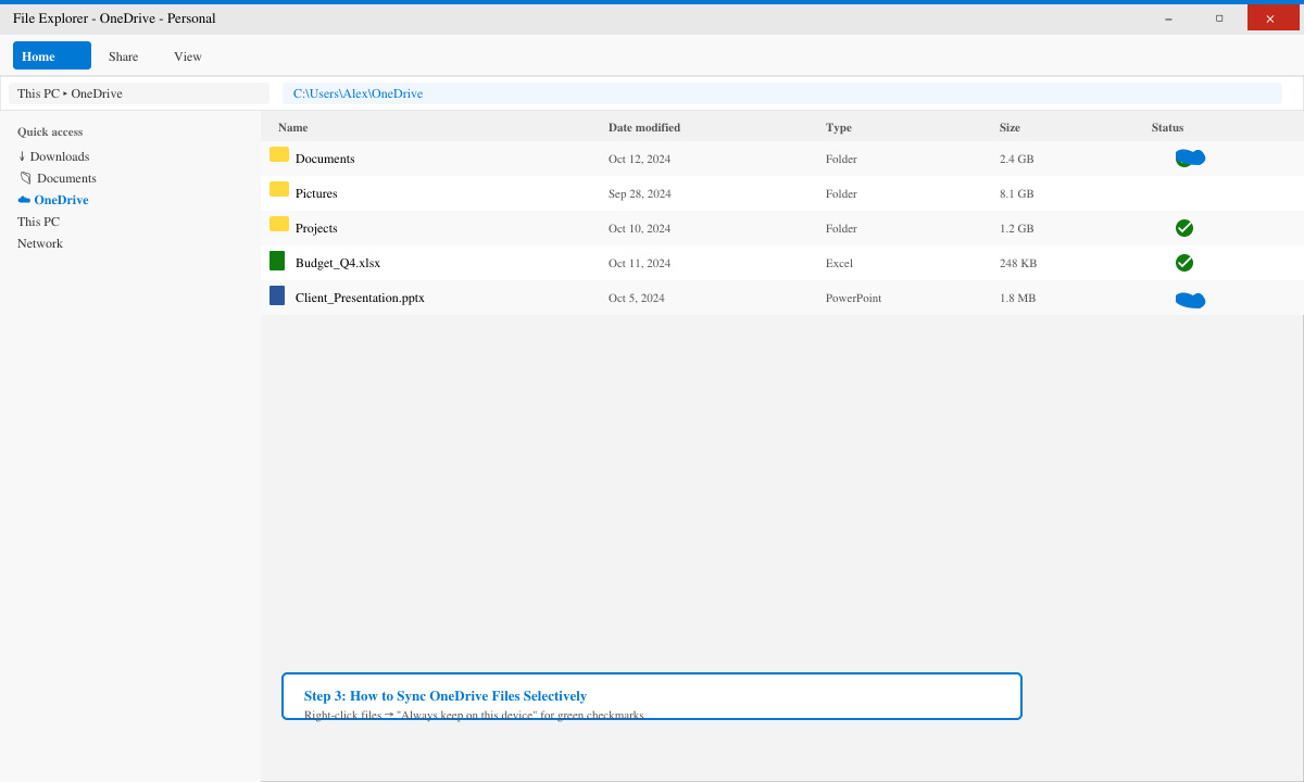File Explorer view showing mixed sync status icons on OneDrive files