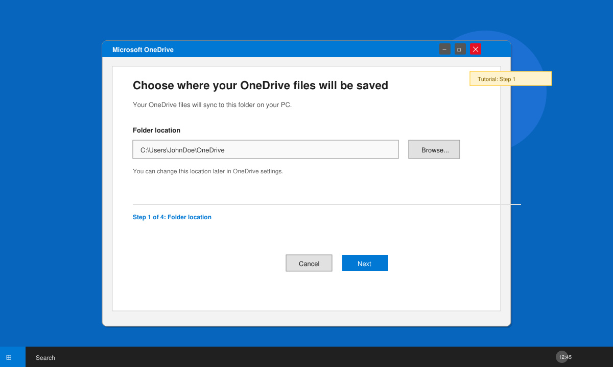 OneDrive setup wizard showing the folder selection screen on a Windows desktop