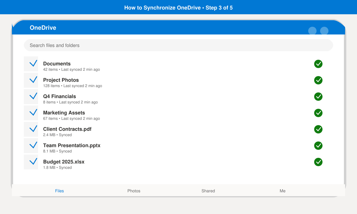 Mobile screen showing the OneDrive app with synced folders and green checkmarks indicating completion