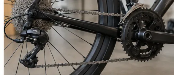 Side view of a bicycle drivetrain with the chain positioned on a small rear sprocket