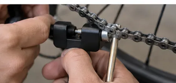 Bicycle chain positioned in a chain breaker with the tool pin aligned to a chain rivet