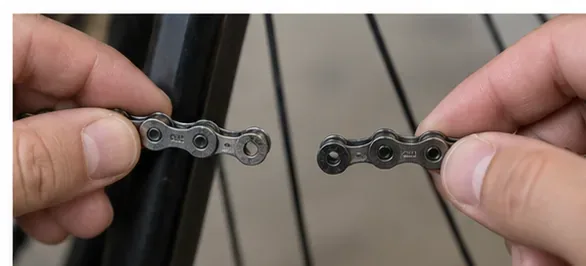 Two separated bicycle chain ends held apart after the connector or rivet has been released