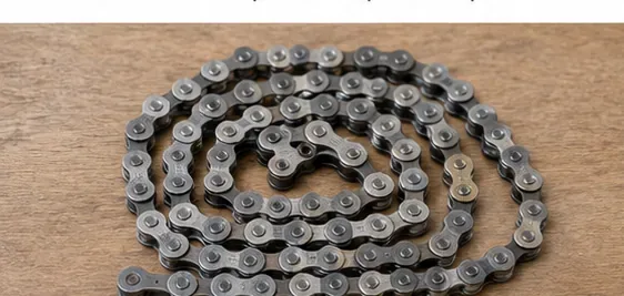Removed bicycle chain coiled neatly on a wooden workbench for inspection
