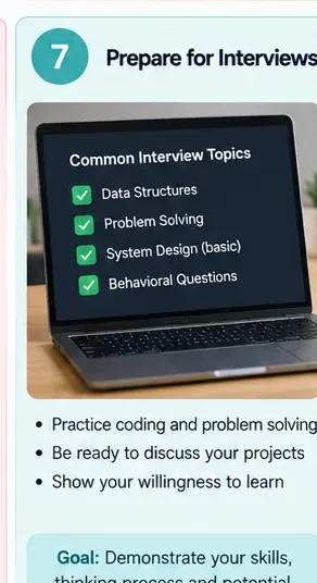 Laptop displaying an interview preparation checklist with data structures, problem solving, basic system design, and behavioral questions