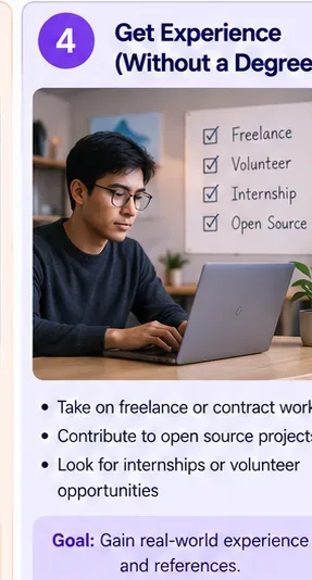 Career changer working on a laptop beside a checklist for freelance, volunteer, internship, and open-source experience