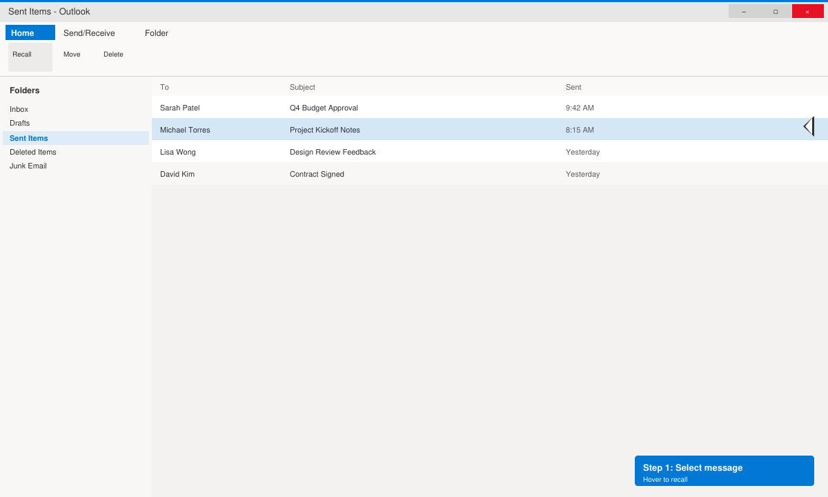 Sent Items folder open in Outlook with message selected for unsend action