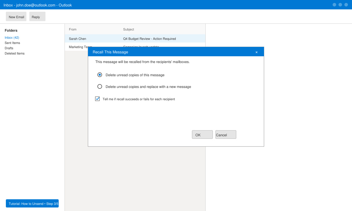 Recall This Message dialog box in Outlook showing delete option