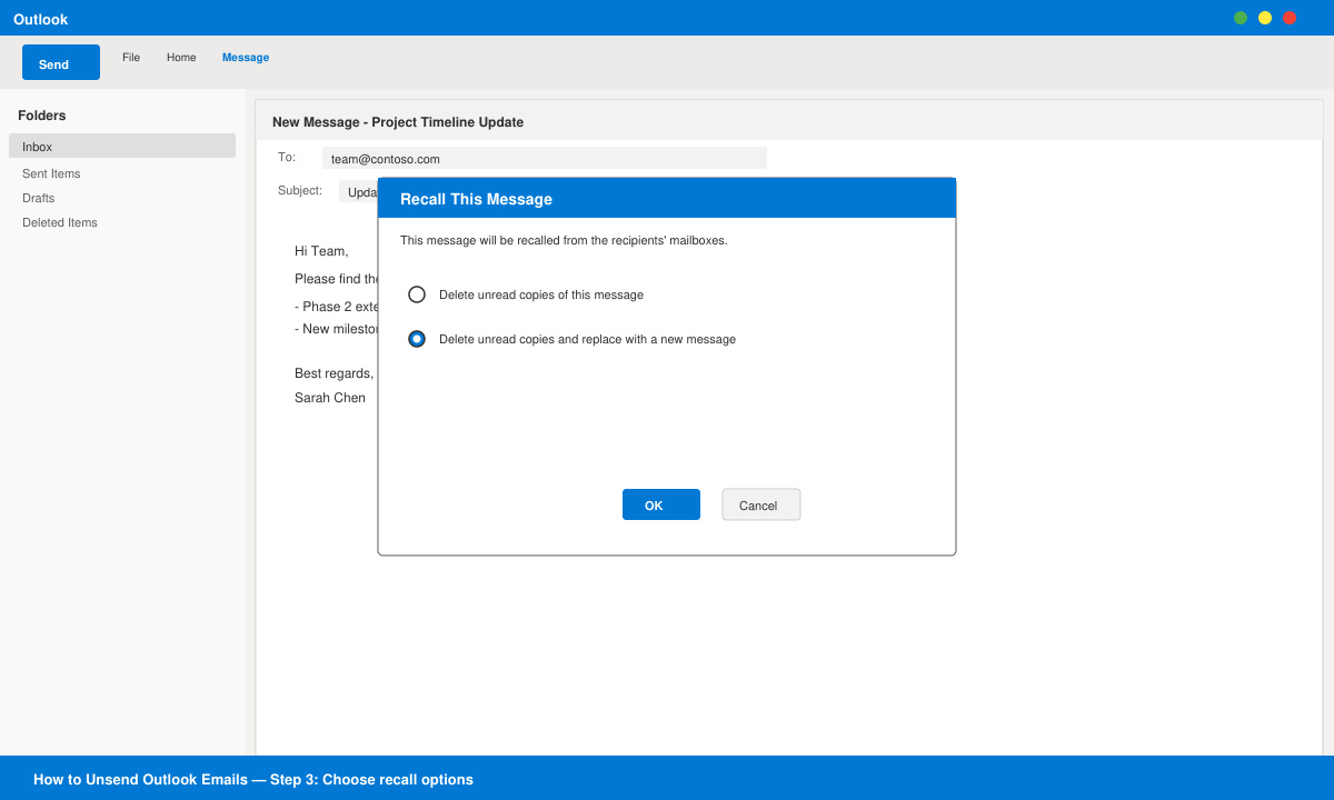 Recall This Message dialog box open with the delete option selected and an example replacement email draft visible