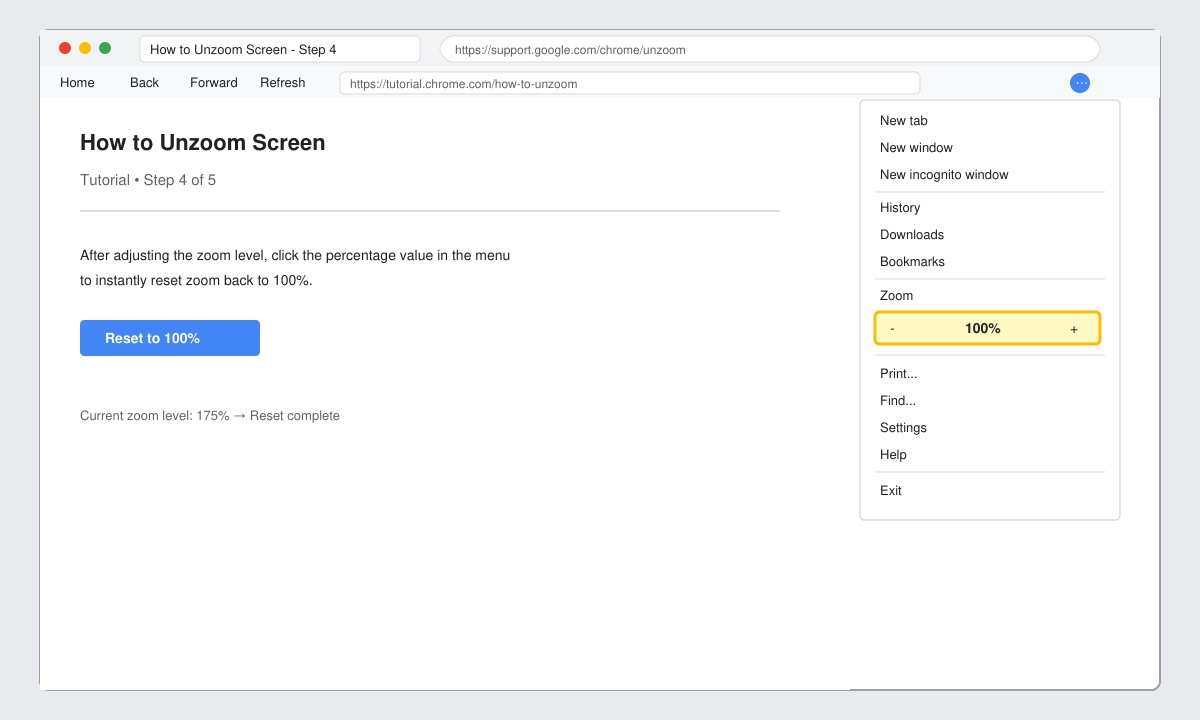 Browser window showing zoom reset button highlighted in the menu after unzooming screen