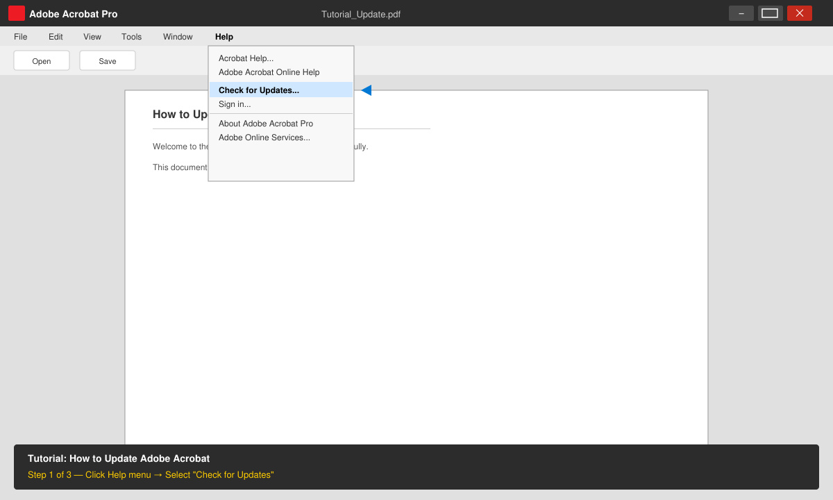 Screenshot of Adobe Acrobat Help menu with Check for Updates selected