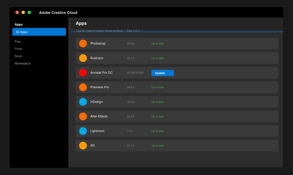 Creative Cloud app window showing Adobe Acrobat listed with an Update button