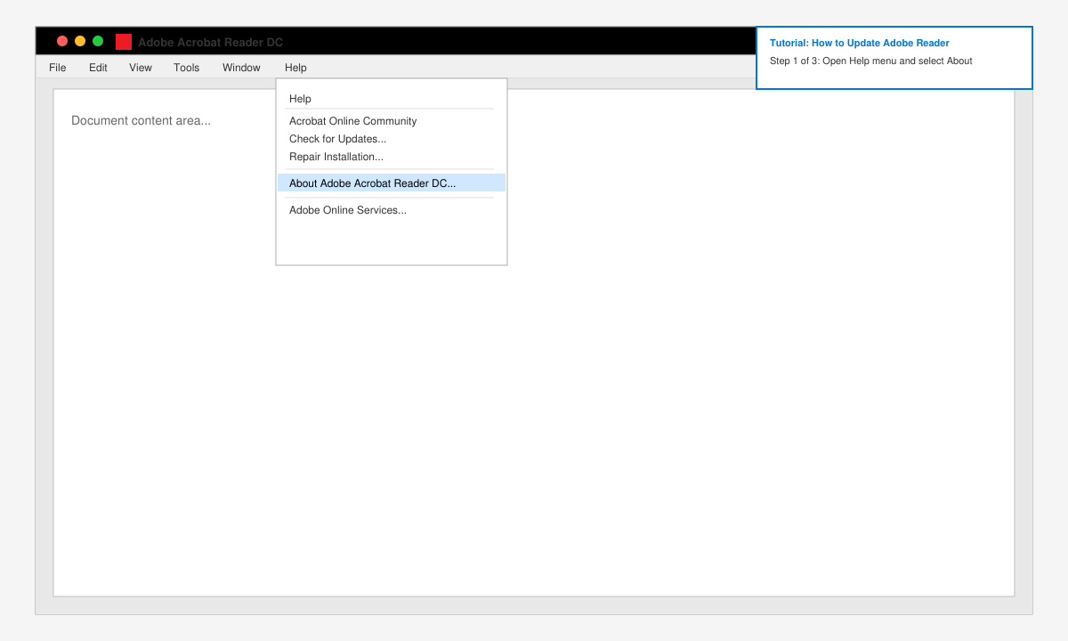 Close-up of the Help menu in Adobe Reader with the About option highlighted