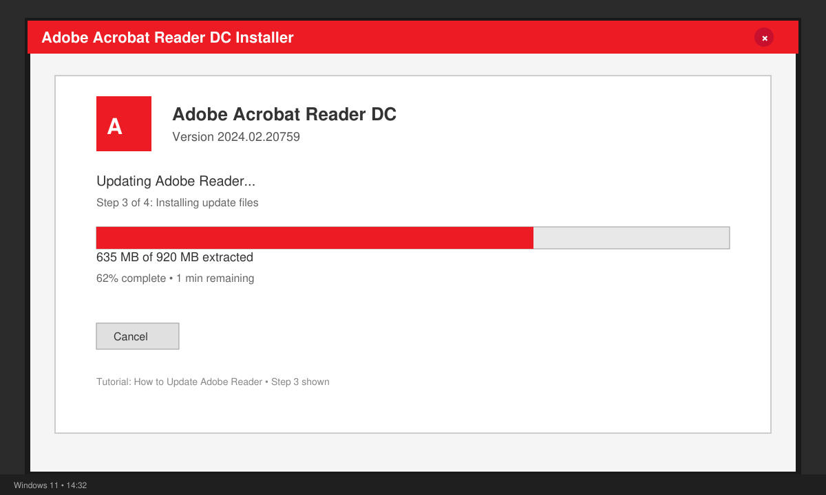 Adobe Reader installer progress bar on screen during update