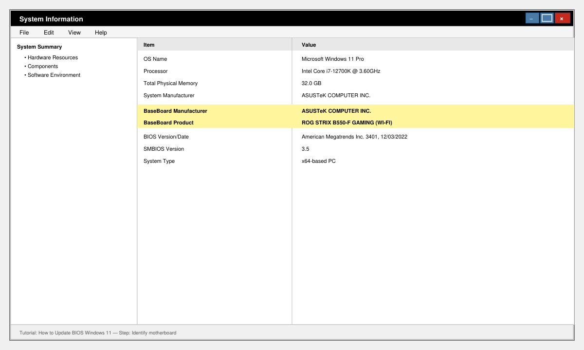 Screenshot of System Information window highlighting BaseBoard Manufacturer and Product fields
