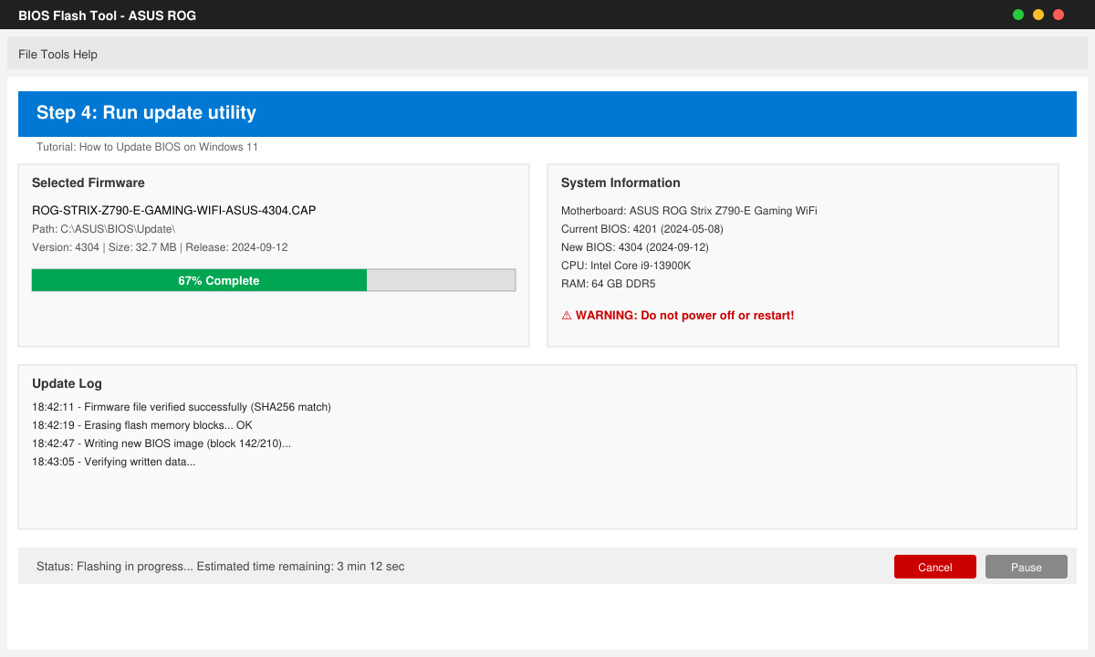 Close-up of manufacturer BIOS update tool window with progress bar and selected firmware file