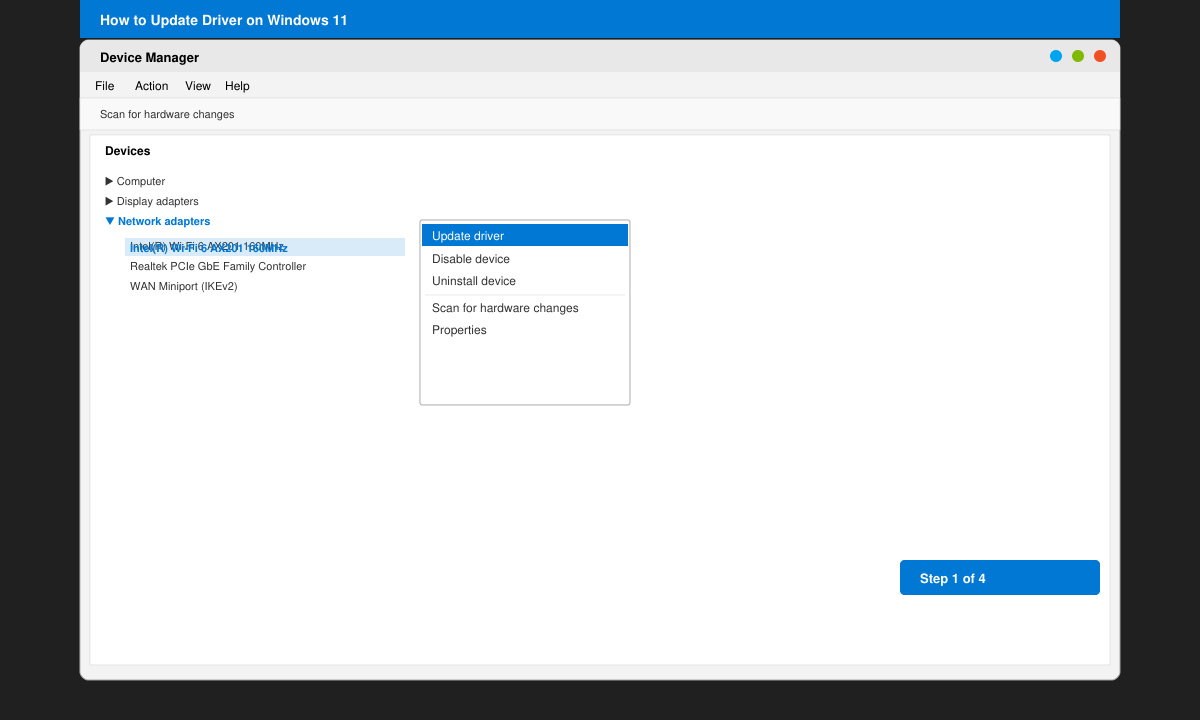 Close-up of Device Manager with the right-click menu open on a network adapter entry