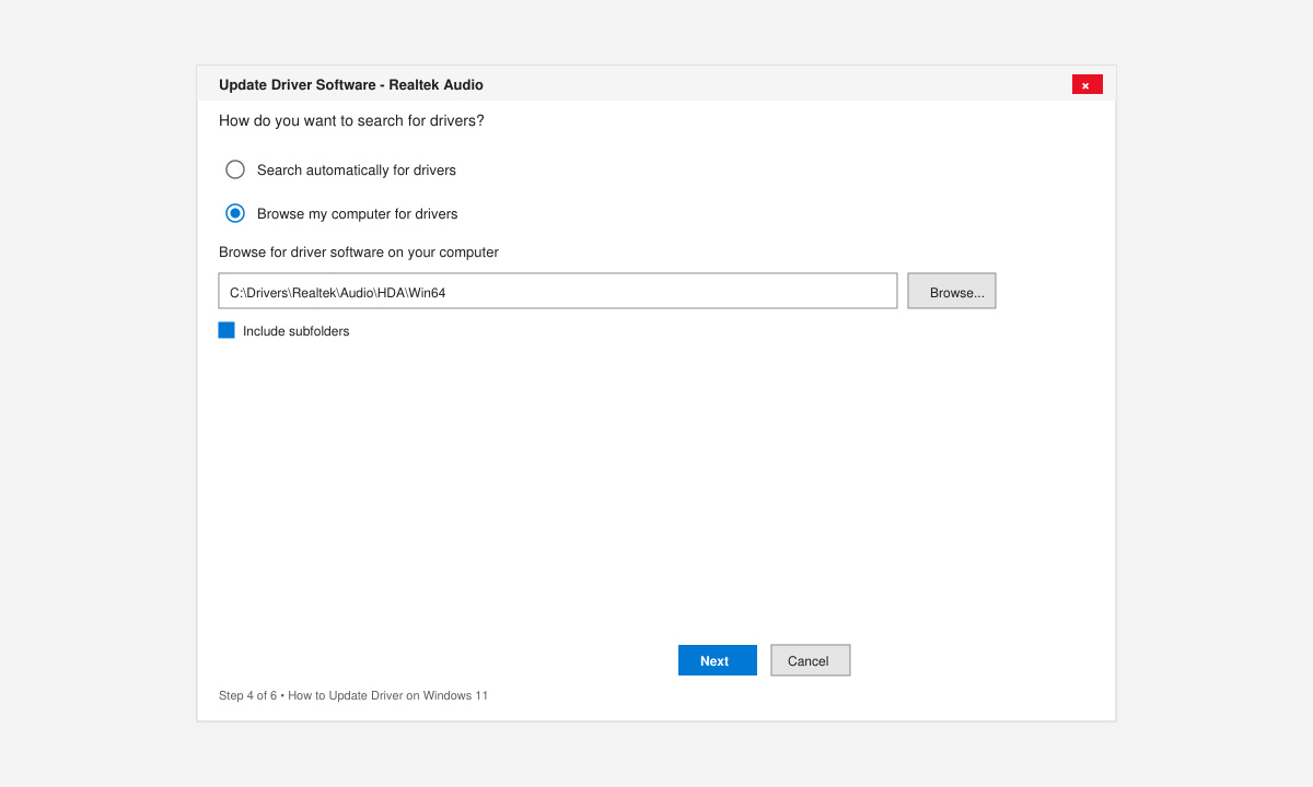 Screenshot of the “Browse my computer for drivers” dialog with a folder path selected