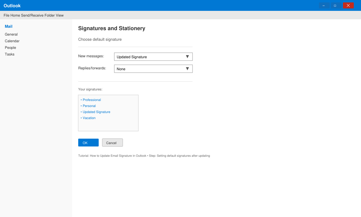 Setting default signatures after updating in Outlook
