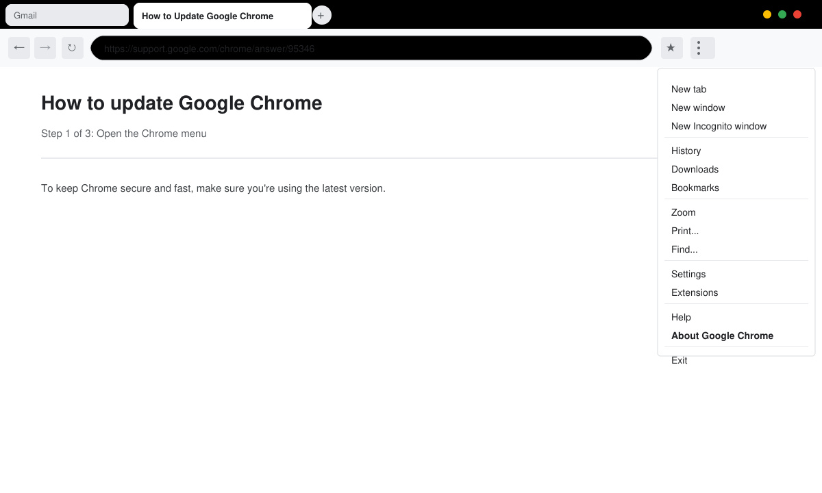 Screenshot of Google Chrome window with the three-dot menu expanded in the top right corner