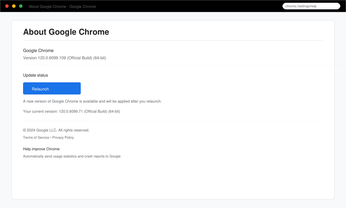 Close-up of the About Google Chrome page showing the update status and Relaunch button