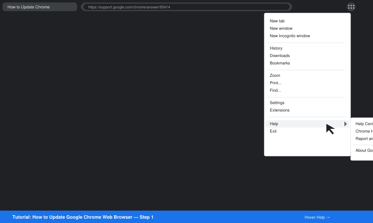 Close-up of Chrome's three-dot menu with the cursor hovering over Help